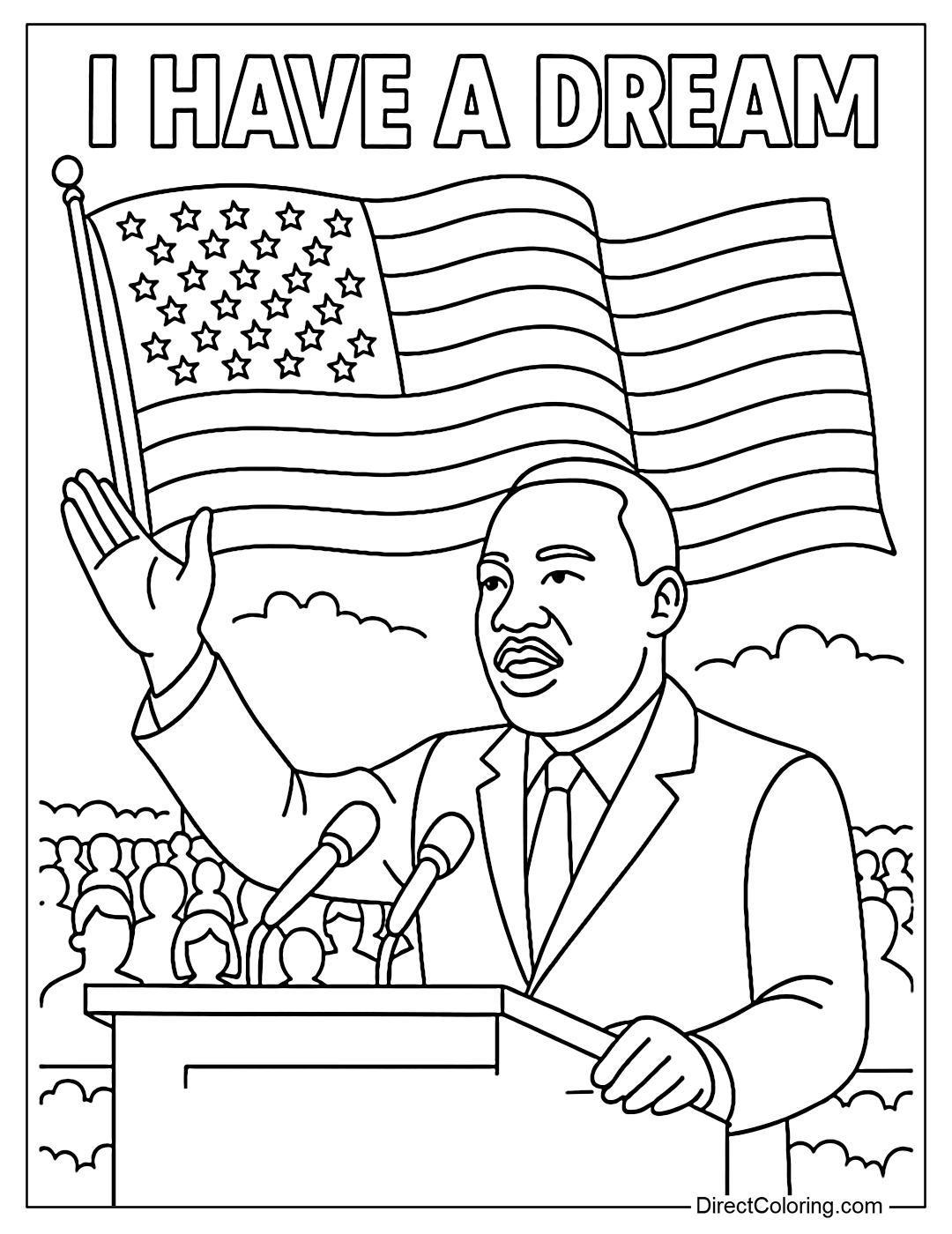 MLK Jr. coloring page in front of a crowd, background with flags and the slogan 